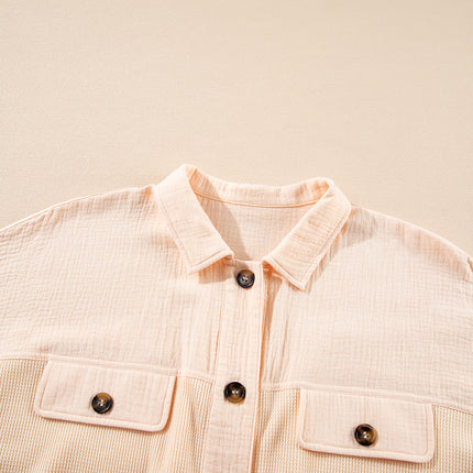 Beige Waffle Splicing Short Batwing Sleeve Flap Detail Shirt