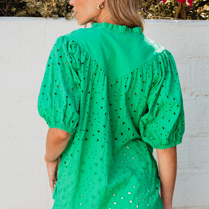 Green Flower Embroidered Hollow-out Puff Sleeve Blouse