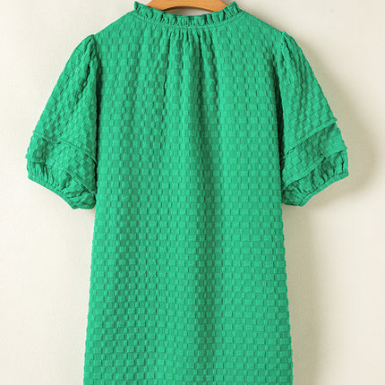 Bright Green Textured Puff Short Sleeve Notched V Neck Top
