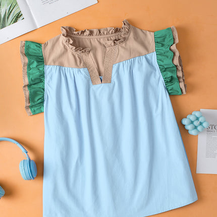 Mist Blue Colorblock Ruffled Sleeve Frill V Neck Blouse