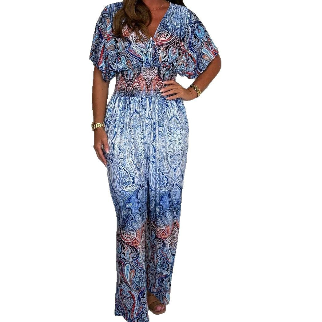 Spring And Summer European And American Style Women Fashion V-neck Printing Multicolor Ladies Casual Jumpsuit