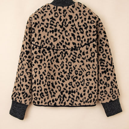 Khaki Leopard Print Zip Up Stand Neck Side Pocket Jacket