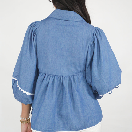 Dusk Blue Lace Ric Rac 3/4 Puff Sleeve Collared Babydoll Blouse