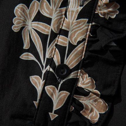 Black Floral Print Frilled Collar Short Puff Sleeve Maxi Dress