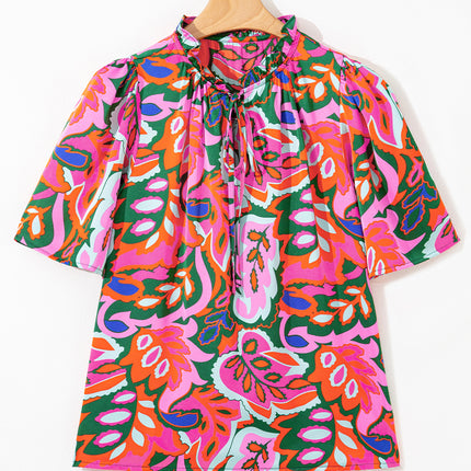 Rose Summer Plant Print Lace up V Neck Short Sleeve Blouse