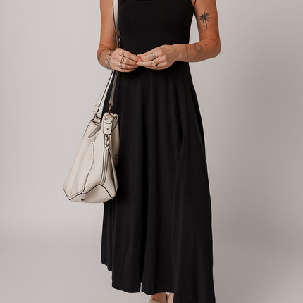 Black Sleeveless Scoop Neck Flared Split Midi Dress