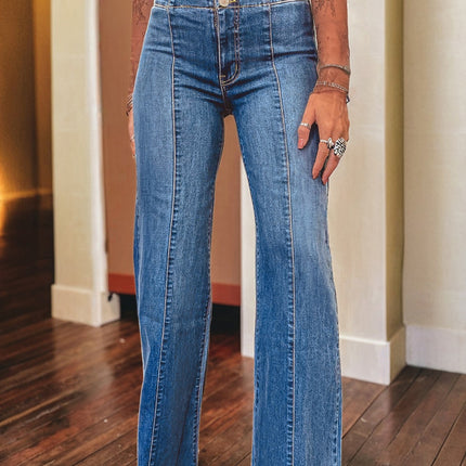 Sail Blue High Waist Button Fly Seamed Raw Hem Flare Jeans