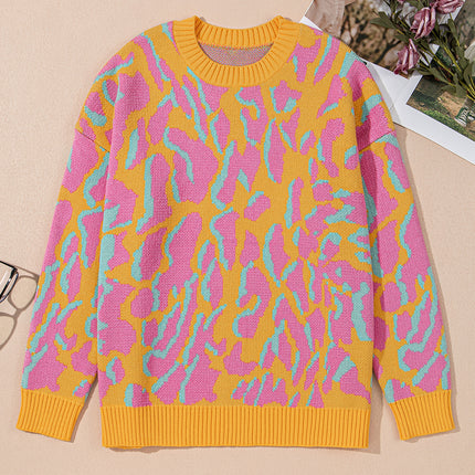 Bright Pink Plus Size Leopard Ribbed Trim Sweater