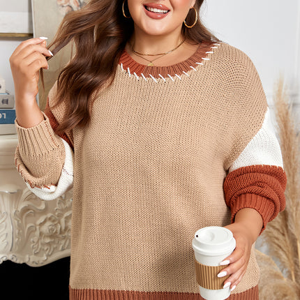 Light French Beige Contrast Stitch Detail Color Block Knitted Plus Size Sweater