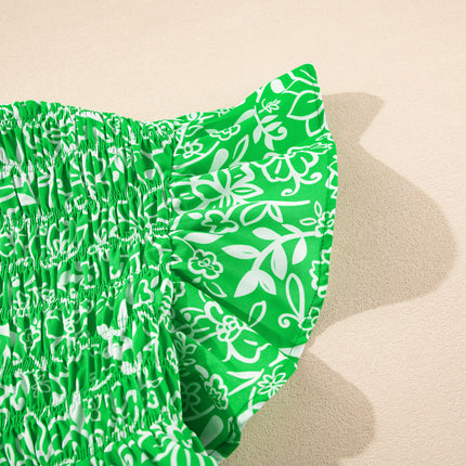 Green Floral Flutter Sleeve Shirred Notched Neck Plus Size Blouse