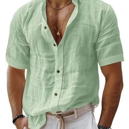 Men's Summer Men's Lapel Shirt Solid Color Short Sleeve Cotton Linen Shirt