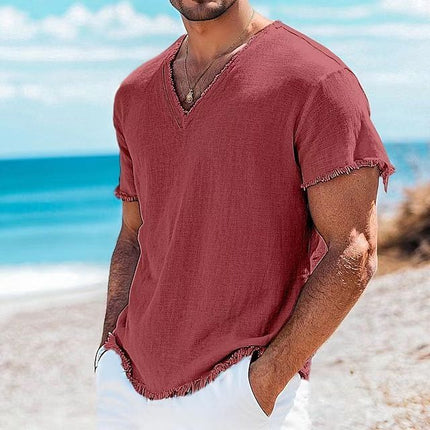 Men's Cotton And Linen Solid Color Short Sleeve