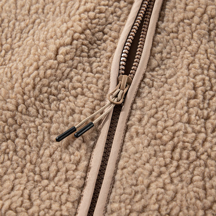 Pale Khaki Fleece Zip Up Drawstring Hooded Pocketed Jacket