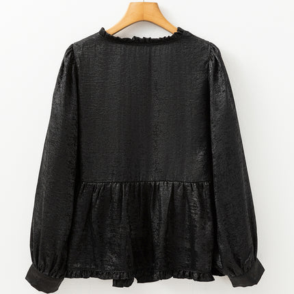 Black Metallic Frilled V Neck Puff Sleeve Babydoll Blouse