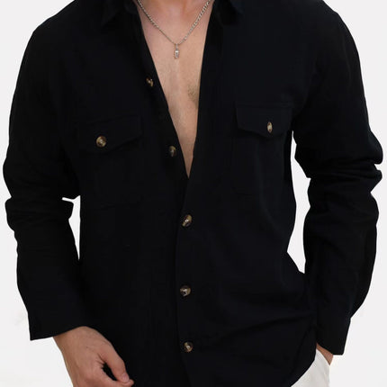 Casual Loose V-neck Solid Color Top Button Chest Pocket Shirt