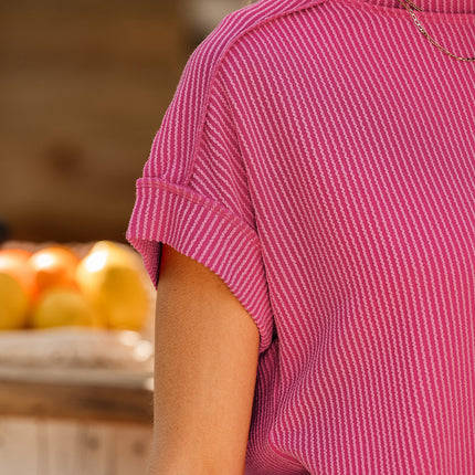 Rose Red Textured Knit Exposed Stitching T-shirt