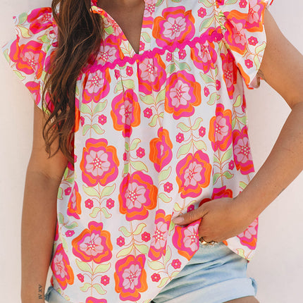 Rose Floral Ruffled Sleeve Ric-rac Trim Split Neck Loose Blouse