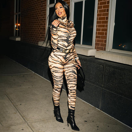 Women's Sexy Tiger Pattern Positioning Printed Turtleneck Jumpsuit