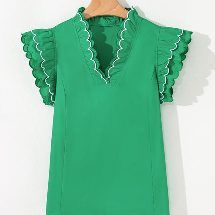 Bright Green Contrast Scallop Trim Layered Short Sleeve V Neck Blouse