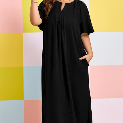 Black Plus Size Solid Color Notched Neck Short Sleeve Loose Dress
