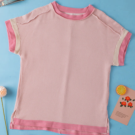 Light Pink Textured Contrast Trim Round Neck T Shirt