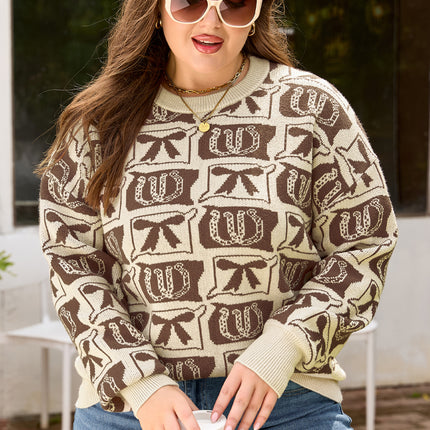 Brown Bow Horseshoe Print Checkered Plus Size Sweater