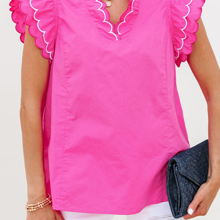 Bright Pink Contrast Scallop Trim Layered Short Sleeve V Neck Blouse