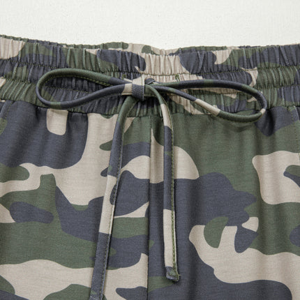 Green Tie Elastic Waist Pocketed Plus Size Camo Shorts