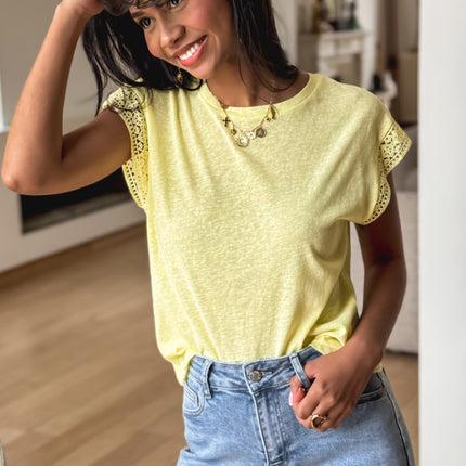 Yellow Cream Lace Patchwork Cap Sleeve Round Neck T Shirt