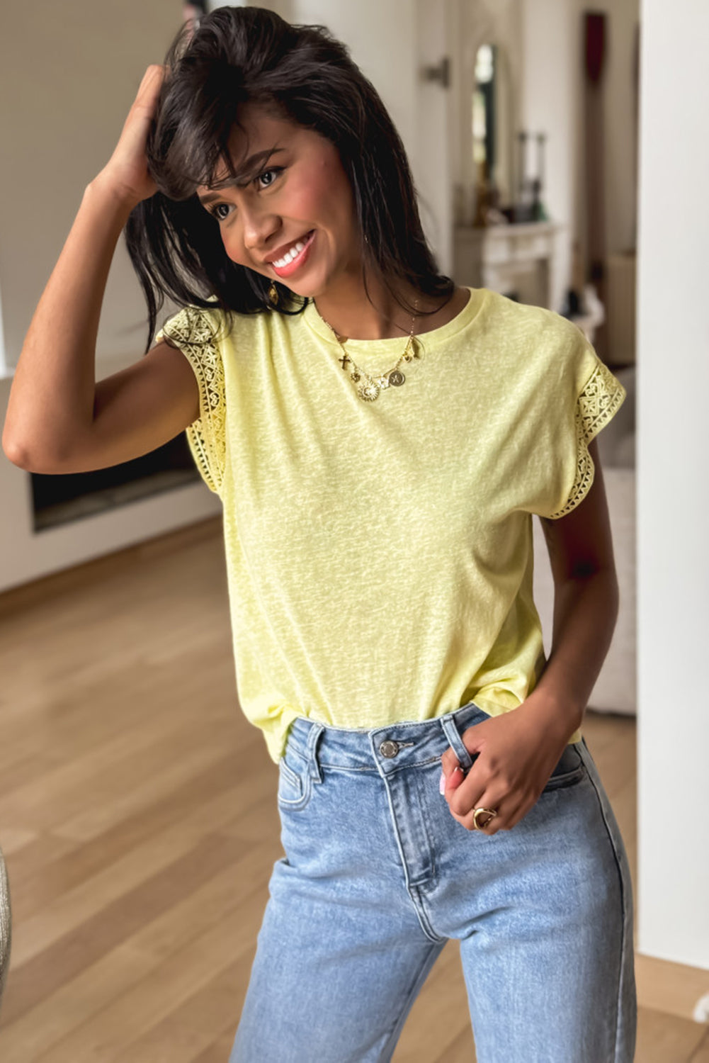 Yellow Cream Lace Patchwork Cap Sleeve Round Neck T Shirt
