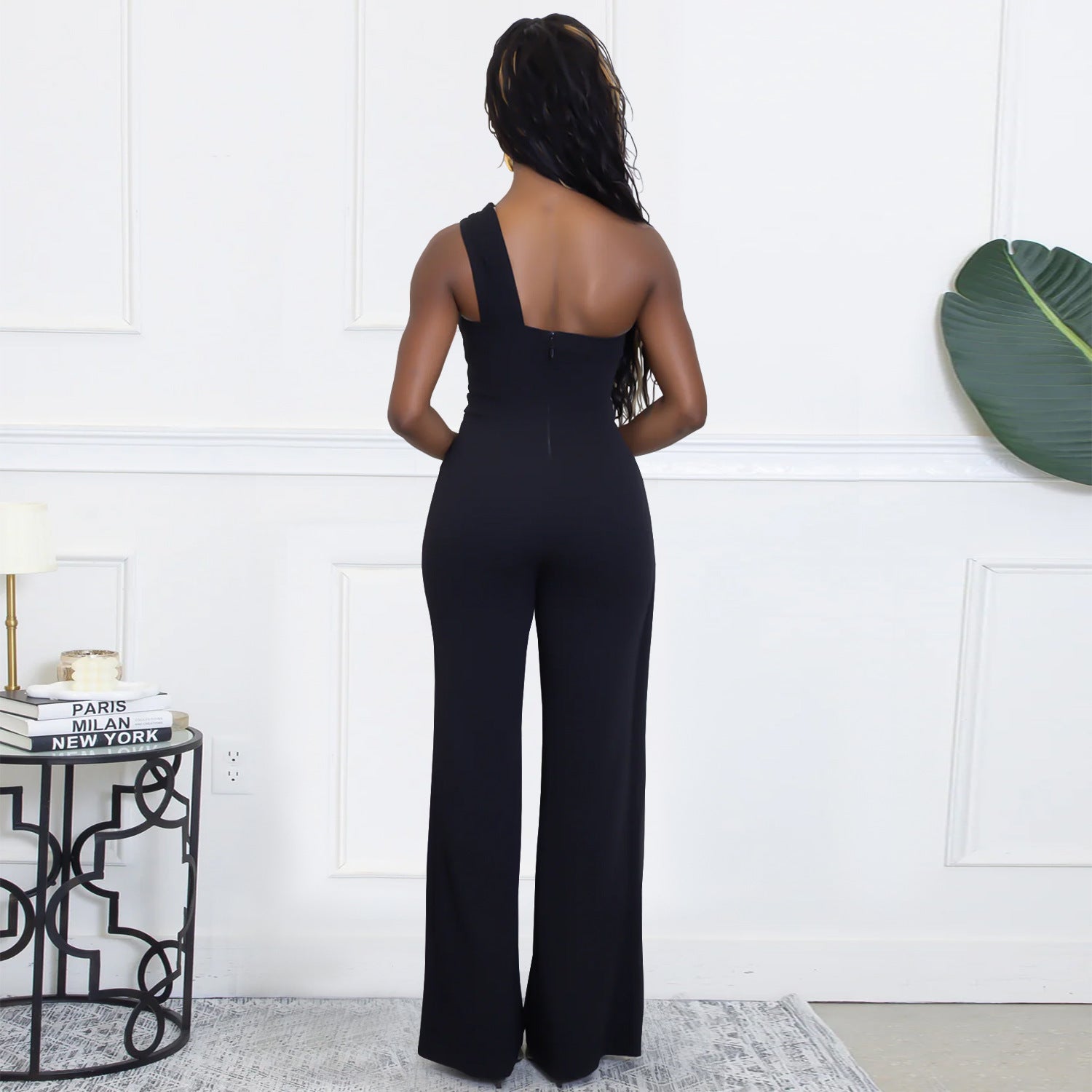 Wear Elegance Decorative Buckle Oblique Shoulder Jumpsuit