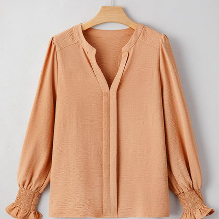 Straw Yellow Solid Color Shirred Cuff Notch V Neck Blouse