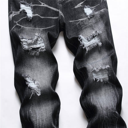 Jeans Men's Street Cool Decorative Flower Ripped Straight Four Seasons