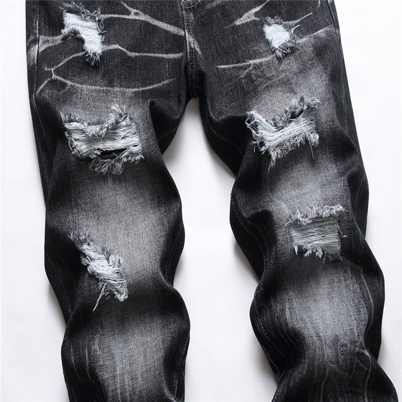 Jeans Men's Street Cool Decorative Flower Ripped Straight Four Seasons