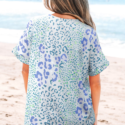 Sky Blue Mixed Leopard Print V Neck Short Sleeve Blouse