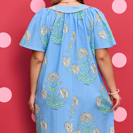 Sky Blue Plus Periwinkle Floral Printed Short Sleeve Striped Trim Split Neck Mini Dress