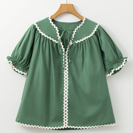 Mist Green Ric Rac Trim Tie Split Neck Short Sleeve Blouse