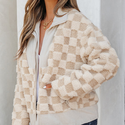Khaki Checker Sherpa Corduroy Patchwork Zip up Collared Jacket