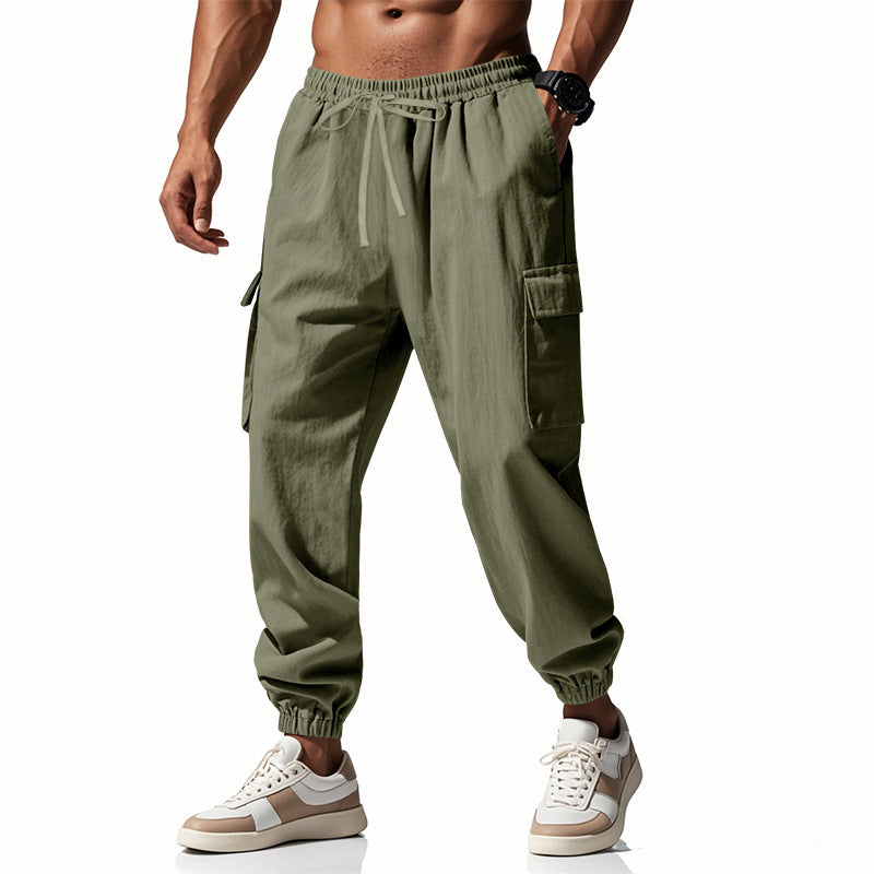 Men's Casual Trousers Ankle-tied Multi-pocket Tether Solid Color Loose