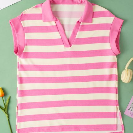 Pink Stripe V Neck Collared Cap Sleeve Top