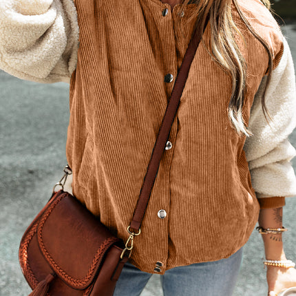 Buckskin Corduroy Fleece Patchwork Buttoned Bomber Jacket
