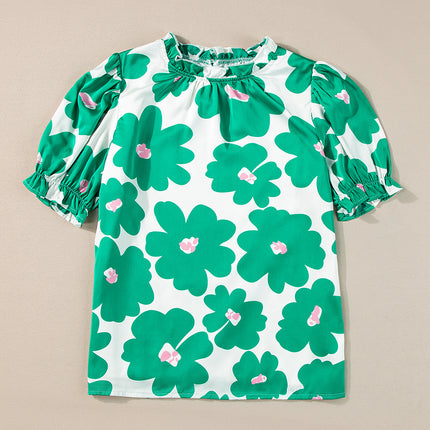 Green Floral Puff Sleeve Frill Neckline Blouse