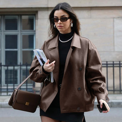 Women's Elegant Suit Collar Loose Leather Coat