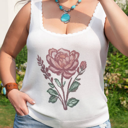 White Plus Size Floral Print Scalloped Trim Square Neck Sweater Vest
