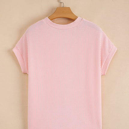 Pink Corded Knit Color Block Pocketed Crew Neck T Shirt