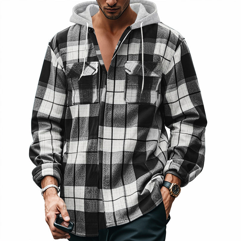 Loose Casual Flannel Jacquard Long Sleeve Hooded Plaid Shirt
