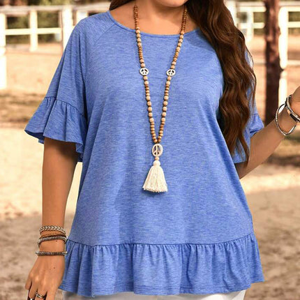 Dusk Blue Ruffled Short Sleeve Plus Size Casual Blouse