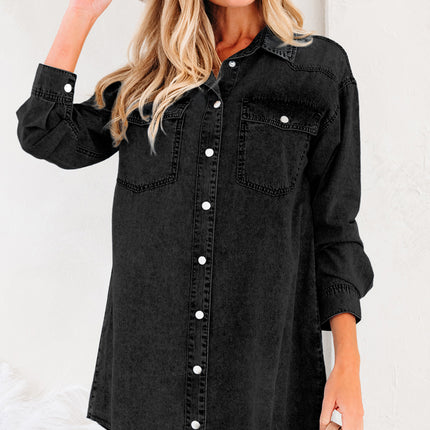Medium Grey Beau Chest Pocket Raw Hem Denim Loose Shirt Dress