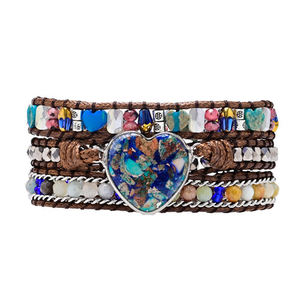 Silver-trimmed Blue Ombre Heart Stone Bead Bracelet