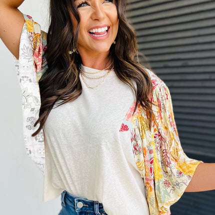 Beige Floral Patchwork Half Batwing Sleeve Blouse